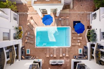 Aerial view of pool and lounge seating